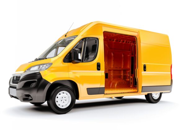 Yellow fleet van on white background side view